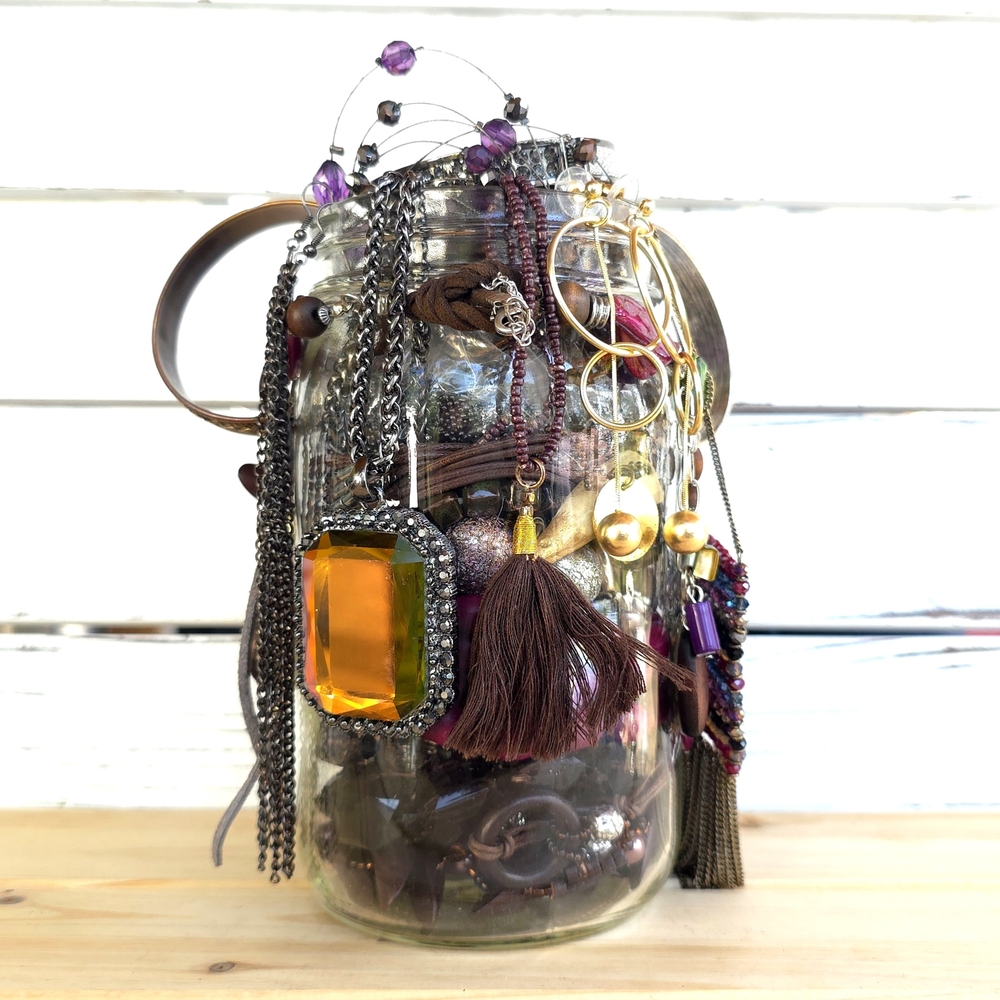 Warm Dark Tones Curated Mystery Jewelry Jar 2lbs Vintage To Modern Wearable 6j